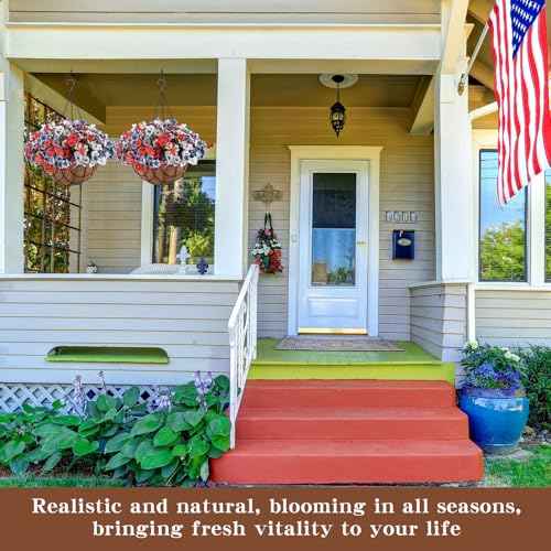Beeveer 2 Pack Artificial Hanging Flower Basket for Outdoor Decoration Faux Orchid Hanging Plants with Coconut Lining Basket Fake Arrangement for Porch Courtyard Decor(White, Blue, 2 Pack) - color: White, Blue