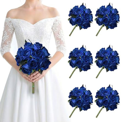 Set of 6 Pre-Made Artificial Rose Bouquets for Wedding, Velvet Silk Rose Bouquets for Bridesmaids, Fake Realistic Rose for Mohter's Day Valentine's Day Proposal Party Home Decor (Royal Blue) - color: Royal Blue
