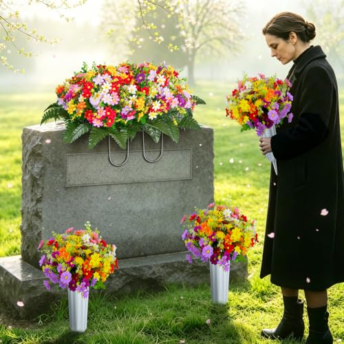XONOR Artificial Cemetery Flowers Saddle, Artificial Memorial Silk Daisy with Vase for Grave Headstone Decoration, Assorted Colors Daisy for Spring Summer Decoration(Saddle&Bouquets) - color: Saddle&bouquets