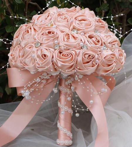 Ujicde Romantic Wedding Bouquet Bridal Bridesmaid Round Bling Brooch Bouquet Throw Toss Artificial Rose Flower Bunch with Sparkle Rhinestone Crystal Decoration(Peach Pink,Dia. 6.3"*16cm) - color: Peach Pink, size: Dia. 6.3"*16cm