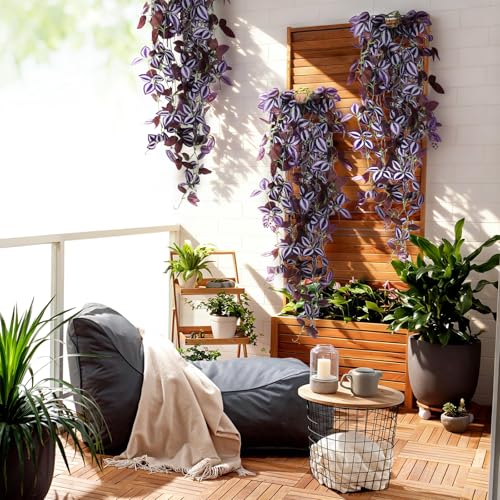 2-Pack Fake Hanging Plants, Faux Hanging Plant Artificial Greenery for Living Room Bedroom Boho Wall Shelf Indoor Outdoor Decor (Purple-Eyed Hairy Leaf) - color: Purple-eyed Hairy Leaf