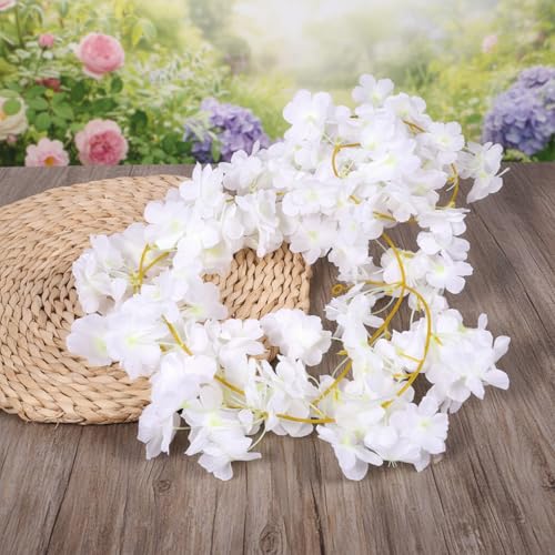2Pcs Cherry Blossom Garland, 11.8ft White Flowers Garland, Artificial Cherry Flower Vines, Silk Cherry Blossom Vines Hanging for Home Wedding Garden Party Arch Office Decor (White)