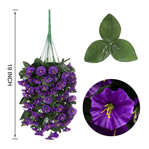HyeFlora Artificial Fake Hanging Flowers Plants for Outdoor Outside Summer Decoration, 2PCS Faux Silk Morning Glory Purple UV Resistant Look Real Trailing Vines for Home Planter Porch Patio - color: Purple