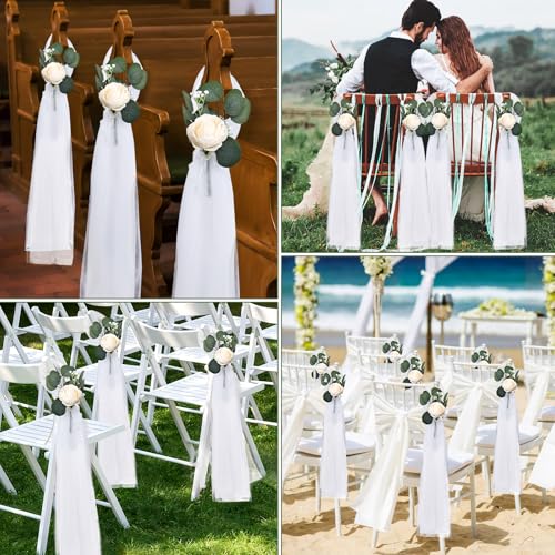 20 Sets Wedding Aisle Decorations, 39.4 Inches Artificial Silk Rose Flowers with Long Tulle Tails for Church Pew Chair Bench, Ceremony Reception Party Bridal Shower Arrangements - Champagne - color: Champagne