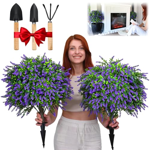 Artificial Lavender Topiary Ball – 24" Set of 2 Realistic Faux Shrub Bushes with Ground Stakes & Garden Tools Bundle – UV Resistant Fake Plants for Outdoor Planters, Porch & Front Door Decor - color: Lavander Topiary Ball