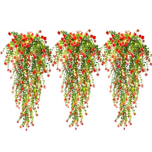 Vine Plant Fake Ferns Plants Large Faux Artificial Hanging Plants Wall Plants Artificial Hanging Plants Outdoors Fake Hanging Plant Greenery Vine with Lights for Outdoor Plants Decor 3 Pcs(Red) - color: Red, size: Hanging Plants With Lights