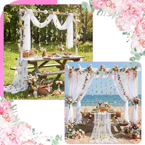 6 Pcs 35.4 Inch Artificial Wildflower Garlands with 3 Pcs 10 Ft Wedding Tulle Table Runner Wildflower Vines Floral Table Runner Garlands for Wedding Bridal Shower Spring Tea Party - style: Small Flower