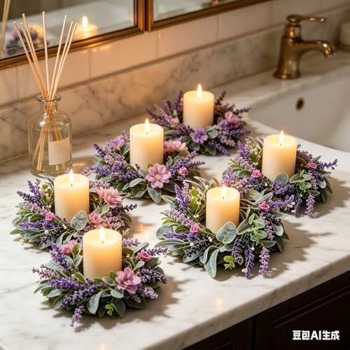 8 pcs Mini Lavender Candle Rings Wreaths Purple Daisy Pillar Holder Wreath Artificial Wild Flower Spring Summer Floral Wreath for Farmhouse Porch Cabinets Table Decoration - color: Lavender
