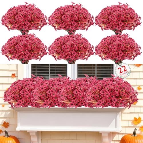 22 Pack Artificial Flowers Outdoor Fake Plants, Faux Flowers UV Resistant with Plastic Plants, Faux Silk Flowers for Outdoors Outside Front Porch Hanging Planter Window Garden Decoration(Dark Red) - color: Dark Red, size: 22 Bundles