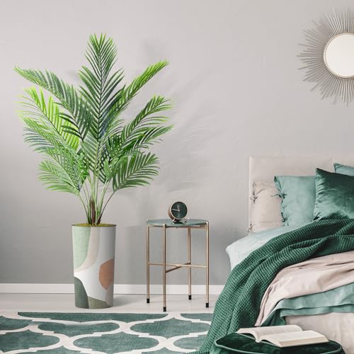 Artificial Tree in Multicolor Textured Geometric Shapes Illustrations Planter, Fake Areca Tropical Palm Silk Tree for Indoor and Outdoor Home Decoration - 66" Overall Tall (Plant Pot Plus Tree) - style: Areca Palm Tree