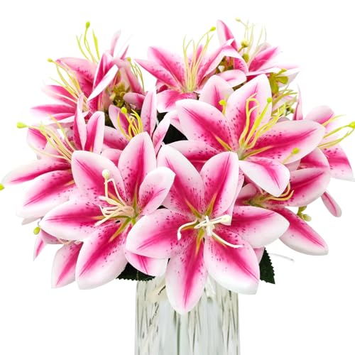 4 Bundles Artificial Tiger Lily Silk Flowers Faux Fake Lilies Plants for Wedding Bouquet Home Party Indoor Table Hotel Office Vases Floral Arrangements Outdoor Garden Decor (Rose Red) - color: Rose Red