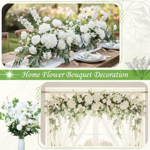 Suncalla 36 Pcs White Artificial Flowers Bouquet Set 8 Kind Faux Delphinium Rose Peony Chrysanthemum Hydrangea Baby's Breath Florals with Greenery Long Stem for Wedding Table Vase Decor - color: White