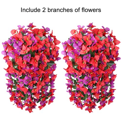 HyeFlora Bougainvillea Artificial Hanging Flowers Plants for Outdoors Decoration, 2pcs Fake Flowers Bougainvillea Vines Realistic UV Resistant Silk Flower for Outside Planter Porch Patio Yard Urn, Mix - color: Purple + Red