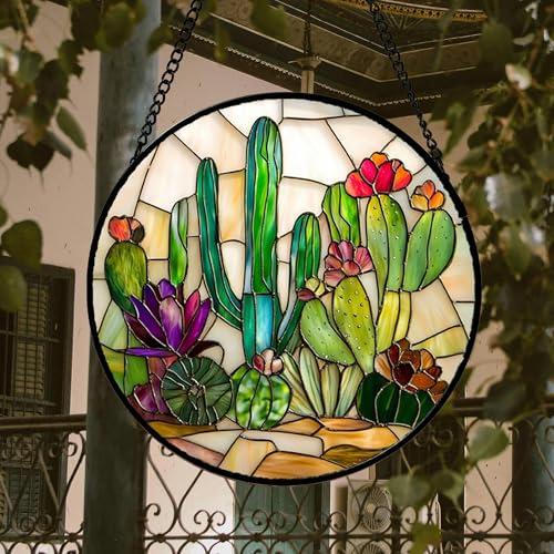 DASTOLL Stained Glass Window Hanging, White Green Cactus Suncatcher Diamond Glass Panel Hangings Sun Catchers Decor for Birthday for Women, Men, Wife, Aunt, and Mom 14.9x14.9 in - color: Green, size: 14.9x14.9 IN