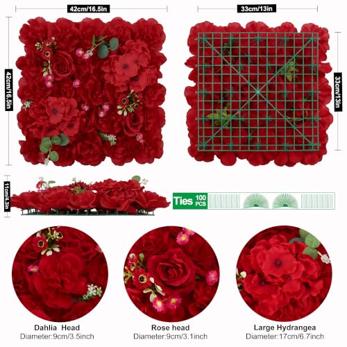 12pcs Artificial Flower Wall Backdrop 16.5x16.5 Inch Bright Red Floral Panel Silk Rose Wall Background Ideal for Wedding Celebrations, Party Backdrops and Elegant Home Decor - color: Bright Red, size: 16.5inch