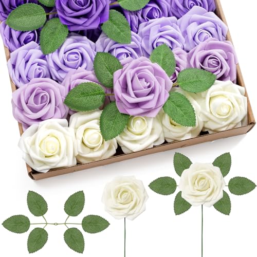 Lifewit Artificial Flowers, 25 Pcs Ivory & Purple Mix Foam Real Looking Roses with Stems, Fake Roses for DIY Wedding Bouquets, Centerpieces Arrangements, Valentine Decorations - color: Ivory & Purple Mix