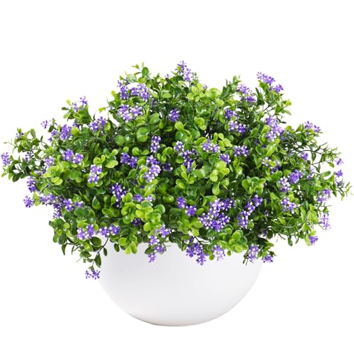 SJL Outdoor Artificial Flowers, UV Resistant Artificial Flowers with Greenery Leaves, Faux Flower Fake Eucalyptus Plants for Planter Garden Front Porch Patio Table Decoration 10Pcs(Purple) - color: Bundle Purple-plant