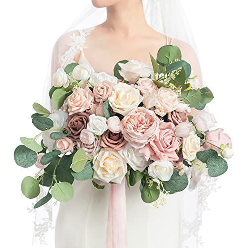 Ling's moment Pink Wedding Bouquets for Bride, Dusty Rose Bridal Bouquets for Bride, 15 Inch Free Form Artificial Wedding Flowers Bouquets - color: Pk-dusty Rose, size: Medium 15 Inch