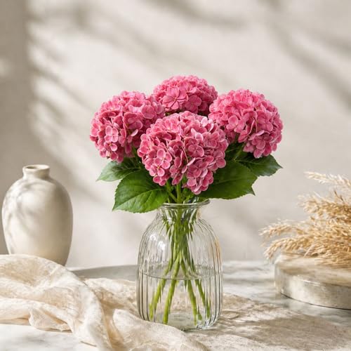 4 Pcs Faux Hydrangeas Real Touch Hydrangea Artificial Flowers Latex Large Fake Flower Long Stems for Wedding Home Party Table Centerpieces Decor (Pink) - color: Pink