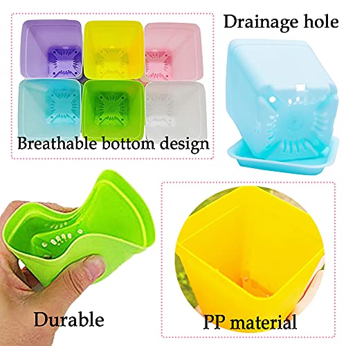 Haawooky 48 PCS 3 Inch Colorful Plastic Plant Pot,Plastic Square Nursery Pots,Seedling Nursery Pots with Saucers for Garden,Home,Office,Balcony Decor,Garden Gifts - size: 48 pack