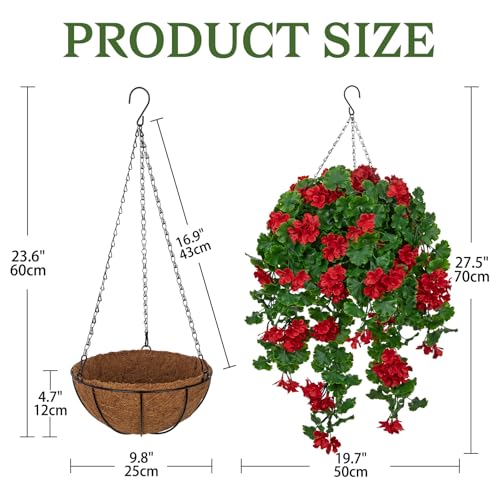 Artificial Hanging Geraniums Flower Plants with Basket for Outdoor Decoration, UV Resistant Hanging Fake Red Geranium Flowers Realistic Front Porch Garden Patio Home - color: Red, size: Large