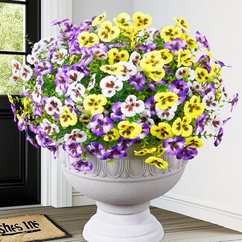 MARTINE MALL 36 Bundles Look Real Artificial Flowers for Outdoors, Realistic Fake Outdoor Flowers, UV Resistant Silk Pansy Flowers for Outside Faux Flower Plants for Outdoor Porch Garden, Mixed Colors - color: Yellow+white+purple, size: 36 Bundles