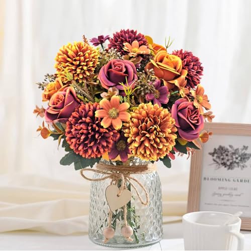 3 Pcs Fall Flowers Artificial Mums Silk Chrysanthemum Rose Daisy Bouquet Fake Mum Faux Floral Arrangements Home Indoor Outdoor Planter Decor Party Wedding Table Autumn Decoration - color: Fall Colors -a