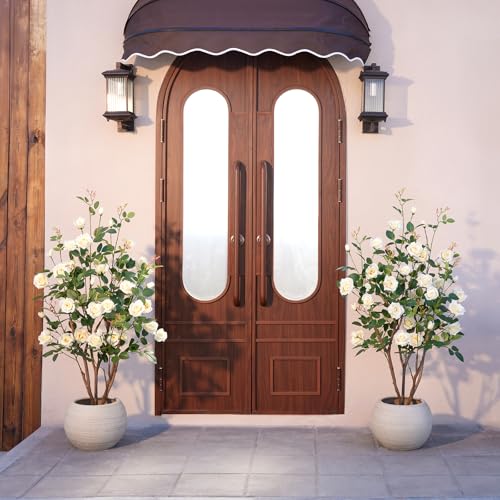 VeriNatural Fake Rose Plants,4Ft(48") Orange Artificial Roses,UV-Resistant Faux Silk Flowers for Indoor Outdoor,Potted Faux Trees for Home Decor, Courtyard,Patio, Front Porch Topiary Set of 2 - color: Yellow, size: 4ft