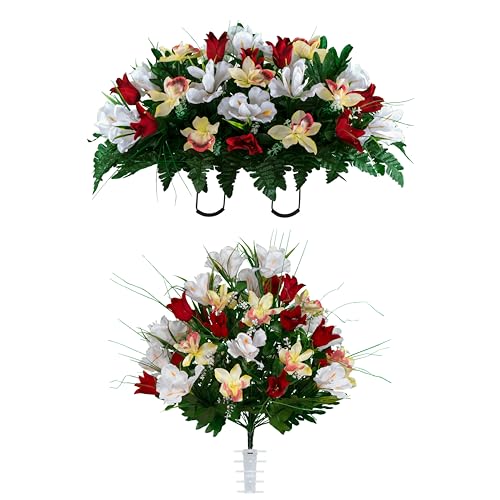 Sympathy Silks Artificial Cemetery Flowers - Grave Decoration - Red Tulips and White Iris (1) Headstone Saddle (1) Bouquet - color: Red/White, size: (1) Saddle (1) Bouquet