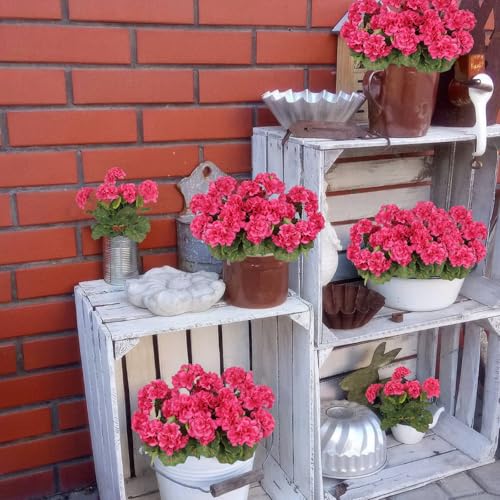 4 Pcs Artificial Geraniums Flowers for Outdoors Silk Geranium Outside UV Resistant Rose Red Fake Plants Faux Flowers for Outdoor Planters Garden Patio Porch Window Courtyard Indoor Home Decor - color: Rose Red