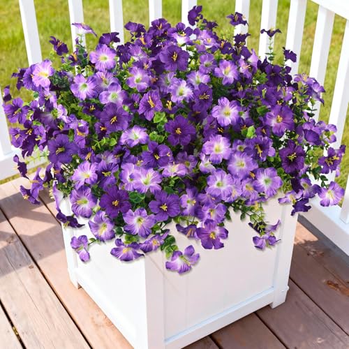 INQCMY Artificial Fake Flowers for Outdoors Decoration,12 Bundles Silk Colorful Morning Glory with Eucalyptus UV Resistant Look Real Faux Flowers for Planter Door Garden Porch Patio Balcony Yard - color: Dh Double Purple