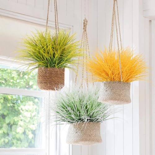 RECUTMS 12Pcs Artificial Grasses Outdoor Plants Tall Grass Spring Fake Grass Plant Plastic Artificial Shrubs for Planters Wedding Indoor Outside Garden Porch Home Office Window Box Decor(Pure Yellow) - color: Pure Yellow Grass