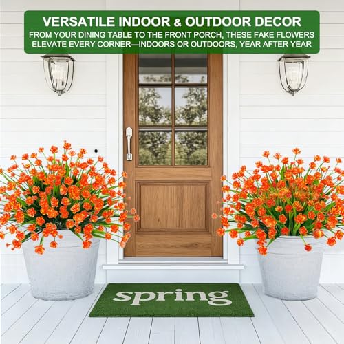 20 Bundles Artificial Flowers for Outdoors Summer Decor-UV Resistant No Fade Fake Mums Faux Plants Plastic Flowers Greenery for Home Porch Gardens Fireplace Patio Indoor Outsides Decor(Orange Red) - color: Orange Red, size: 20 Bundles