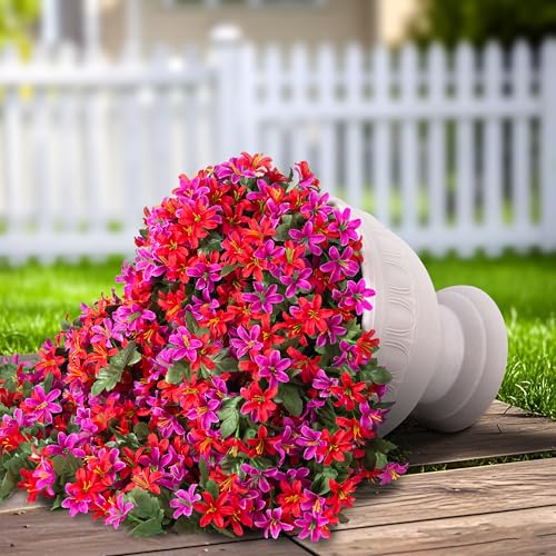 Ivydale Artificial Lily Flowers for Outdoors Fake Hanging Flower Vines for Outside Decoration, UV Resistant 2PCS Faux Plants for Patio Porch Balcony Garden Yard, Mixred - color: Fuchsia & Red
