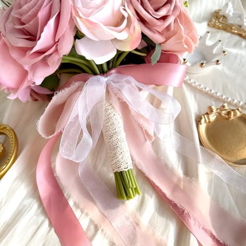 9 Inch Blush Pink Wedding Bouquets for Bride Bridesmaid, Artificial Fake Dusty Roses Gold Flowers Pearl Bridal Bouquet Pastel Spring Boho Rustic Wedding Decoration Toss Bouquet Prom Anniversary - color: Dusty Pink Gold