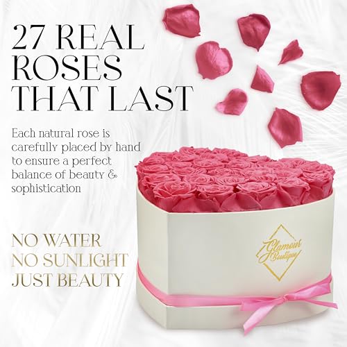 GLAMOUR BOUTIQUE Preserved Roses in a Box - Gifts for Her, Wife & Mom, Rose Flowers Forever Decor for Birthday Gift, Get Well Flower Bouquet Cased in White Box with Cover - Pink - 27 (Color-Treated) - color: Pink, size: 27 Roses Heart Box
