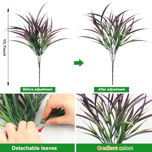 Ouddy Decor 16 Bundles Artificial Plants Outdoor Fake Grass Greenery Stems UV Resistant Faux Plastic Plants Shrubs for Spring Summer Garden Pathway Window Box Farmhouse Front Porch Home Decor, Purple - color: Purple