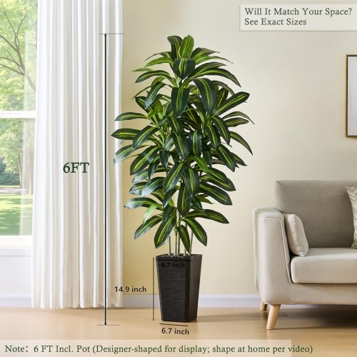 Artificial Dracaena Tree：6FT Faux Silk Tropical Yucca Floor Trees Realistic Fake Green Plant with Natural Wood Trunk & Lifelike Leaves for Home Office Decor Indoor & Outdoor (6FT,1-Pack,Black) - color: Dark Green – Black Pot, size: 6FT