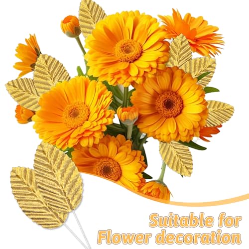 200 Pcs Golden Artificial Leaves with Stems DIY Corsage Single Leaf Crafts Gold Floral Accents Silk Leaf Artificial Leaves for Wedding Party Home Decor Flower Bouquet