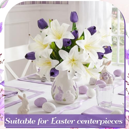 Giegxin 18 Pcs Artificial White Lilies with Purple Tulips, Latex Fake Tiger Lily Bouquet for Spring Home Church Wedding Decorations, Faux Tulips Floral Arrangement - color: White, Purple, style: Lily, Tulips