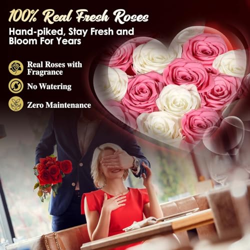 ADDWel Romantic Preserved Roses Bouquet for Her Anniversary, Birthday Flower Gifts for Women, 16-Pieces Eternal Roses with Natural Fragrance in Heart-Shape Box for Wife Girlfriend Mom - color: Pink & White