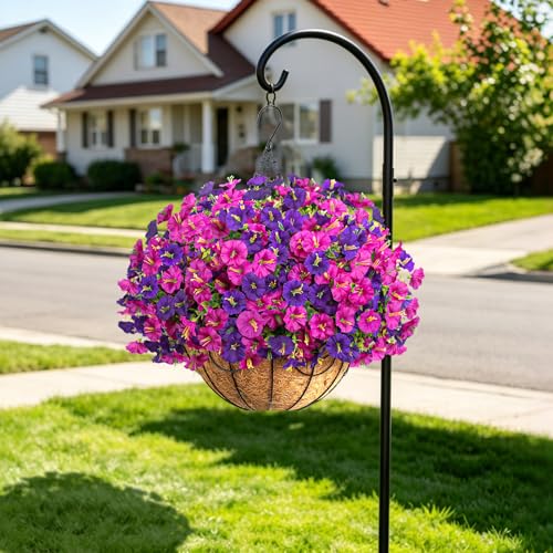 Artificial Hanging Flowers with Basket for Outdoors, UV Resistant Faux Silk Morning Glory with Eucalyptus Realistic Fake Hanging Plants for Spring Summer Outside Decor (Lotus&Purple) - color: Lotus&purple
