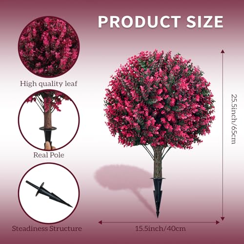 Artificial Red Eucalyptus Topiary Ball Tree, Outdoor Faux Evergreen Shrubs with Ground Spike, UV Resistant Fade Proof Fake Plants, Set of 4 for Garden Patio Yard Indoor Deco .25Inch - color: Pink-coloured