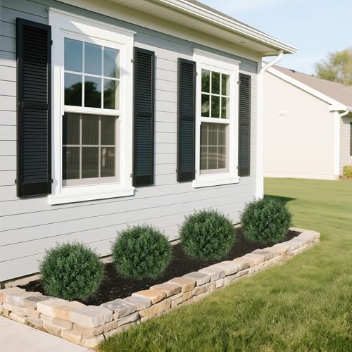 Artificial Cedar Topiary Ball Trees with Ground Spike, 24.6 inches Tall UV-Resistant Fake Outdoor Plants Evergreen Shrubs, Realistic Faux Pine Bushes for Front Porch Home Patio Garden, Set of 4