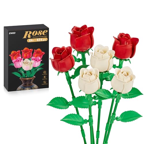 Rose Flower Bouquet Building Set: Artificial Flowers Botanical Collection Blocks Kit for Women Girls Wife Adults Home Decor Thanksgiving Christmas Mother's Day Valentine's Gifts 6-Pack - color: 3 Red & 3 White