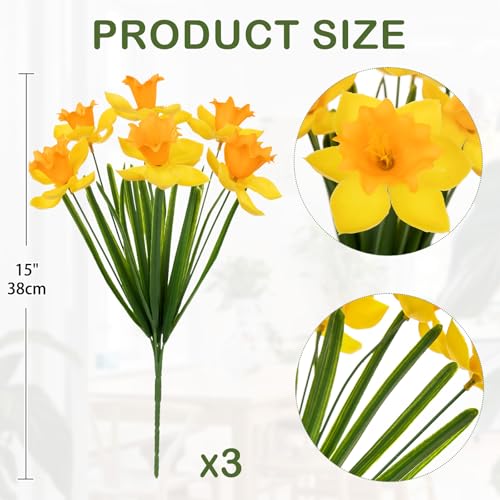 GnFlus 3 Bundles Daffodils Artificial Flowers, 15" Faux Daffodils with 21 Flower Heads, Real Touch Fake Spring Flower Yellow Decorative Flowers Bouquet for Home Wedding Centerpieces Vases Arrangement - color: Yellow, size: 3 Bundles-15 Inch