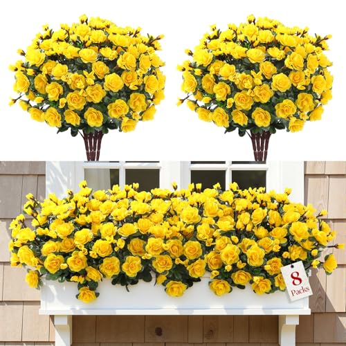 Alupssuc 8 Large Bundles Artificial Flowers for Outdoors Spring Decoration, UV Resistant Faux Flowers Silk Camellia Realistic Fake Flowers for Yard Patio Planter Porch Balcony Garden, Yellow - color: Yellow