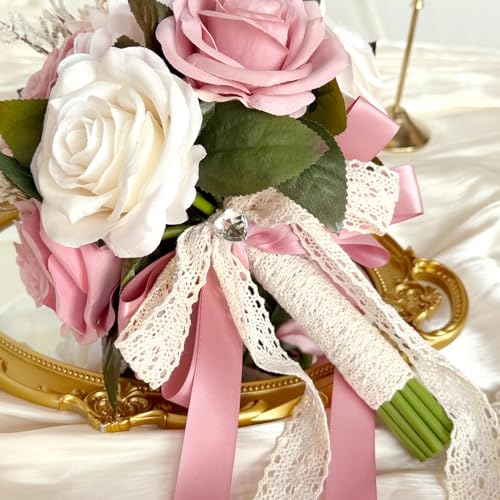 9 Inch Dusty Pink Wedding Bouquets for Bride Bridesmaid, Artificial Fake Roses Flowers Champagne Ivory Pastel Pink Bridal Bouquet Spring Fall Boho Rustic Wedding Decoration Toss Bouquet Prom - color: Dusty Pink