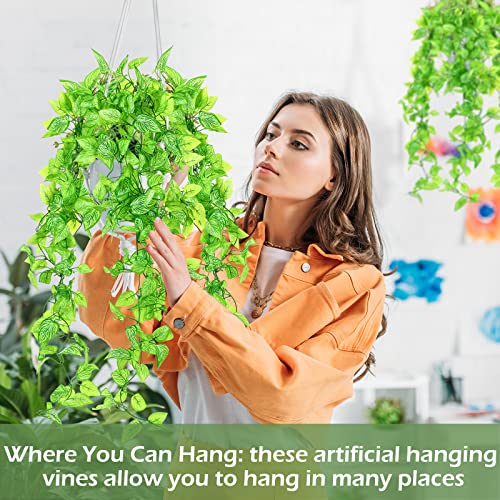 Hoteam 12 Pcs Artificial Hanging Plants 32 Inch Fake Ivy Vines with Fake Leaves Patio Artificial Plants Greenery for Living Room Indoor Outdoor Wall, No Basket (Marble Queen Pothos) - color: Marble Queen Pothos