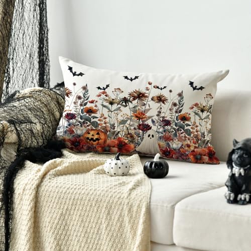 AVOIN colorlife Halloween Horror Wildflowers Throw Pillow Cover, 12 x 20 Inch Pumpkin Ghost Bat Cushion Case Decoration for Sofa Couch - size: 20" x 12" (Pack of 1)